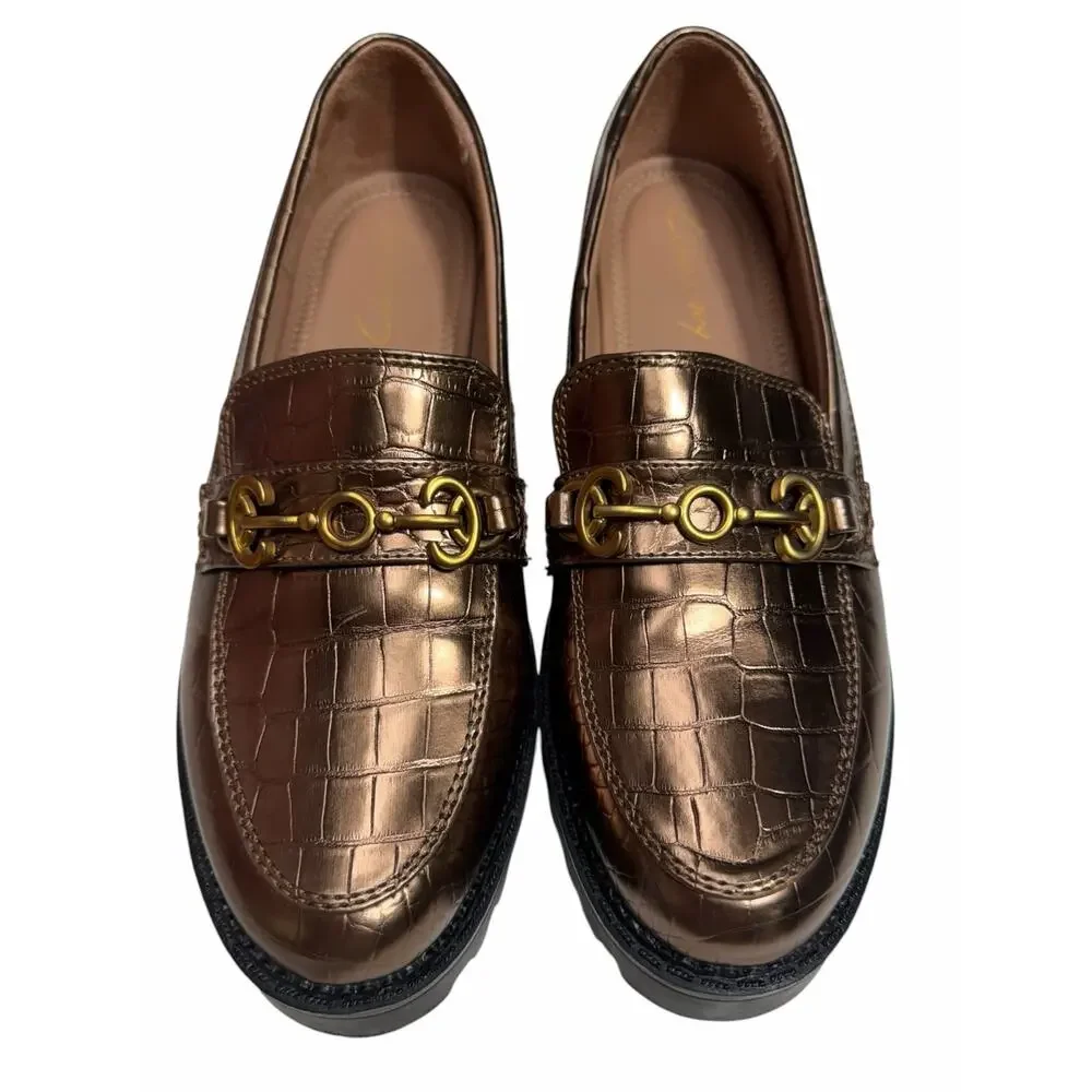 Circus Sam Edelman Bronze Croc Embossed Horsebit Lug Sole Chunky Loafers Size 9